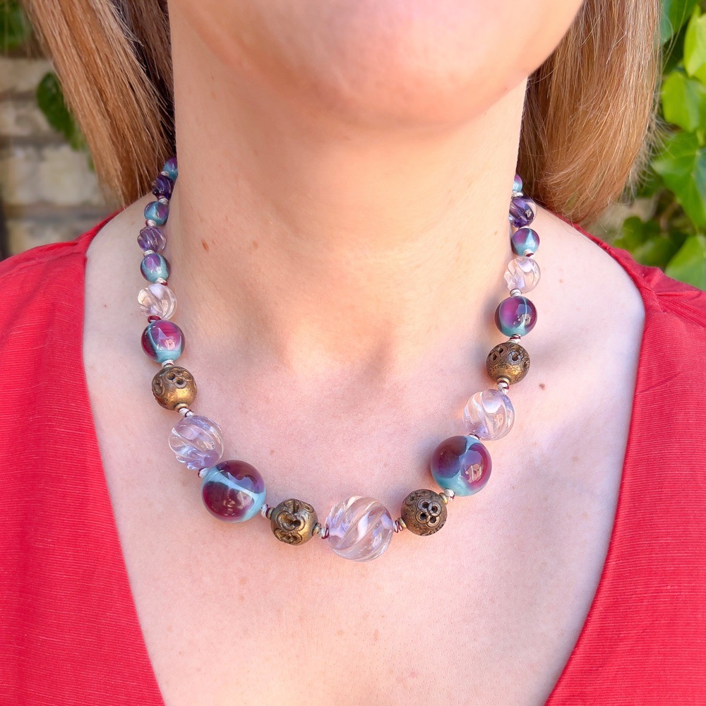 Art Deco 1930s French Purple and Turquoise Vintage Glass Bead Necklace